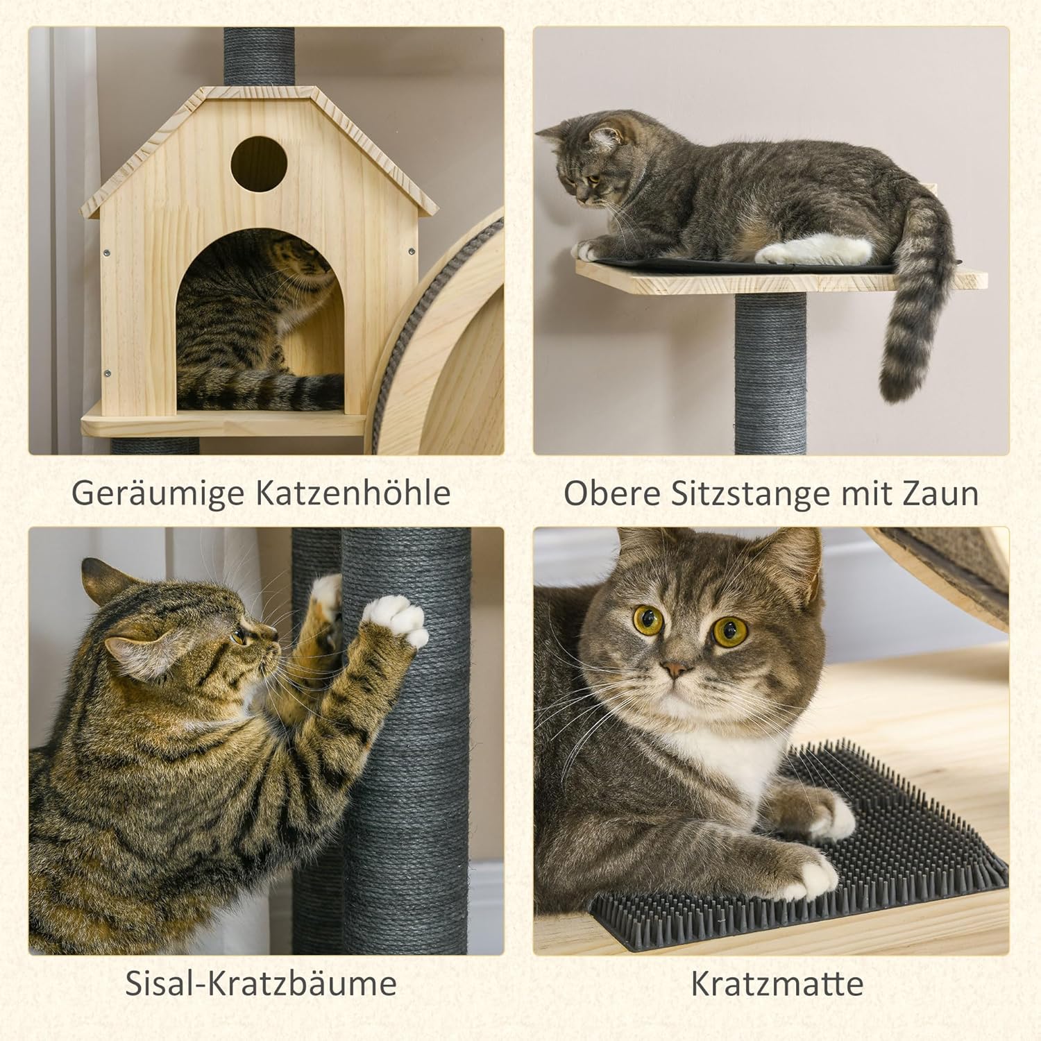 PawHut Katzenbaum mit Laufrad 4-Stock Kratzbaum Katzenhaus mit Sisalsäulen Katzenhöhle Kiefernholz Natur 80 x 50 x 143 cm