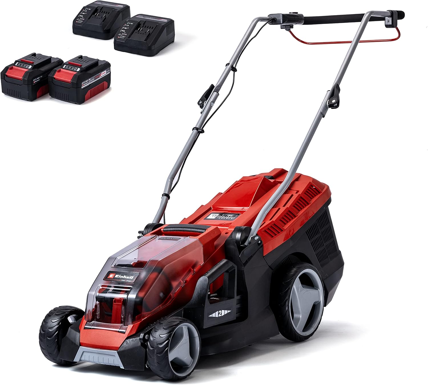 Einhell Tagliaerba a batteria GE-CM 36/36 Li Kit Power X-Change (36 V, larghezza di taglio 36 cm, fino a 400 m², senza spazzole, cesto di raccolta 40 l, altezza di taglio 25-75 mm, incl. 2 batterie da 4,0 Ah + 2 caricabatterie)