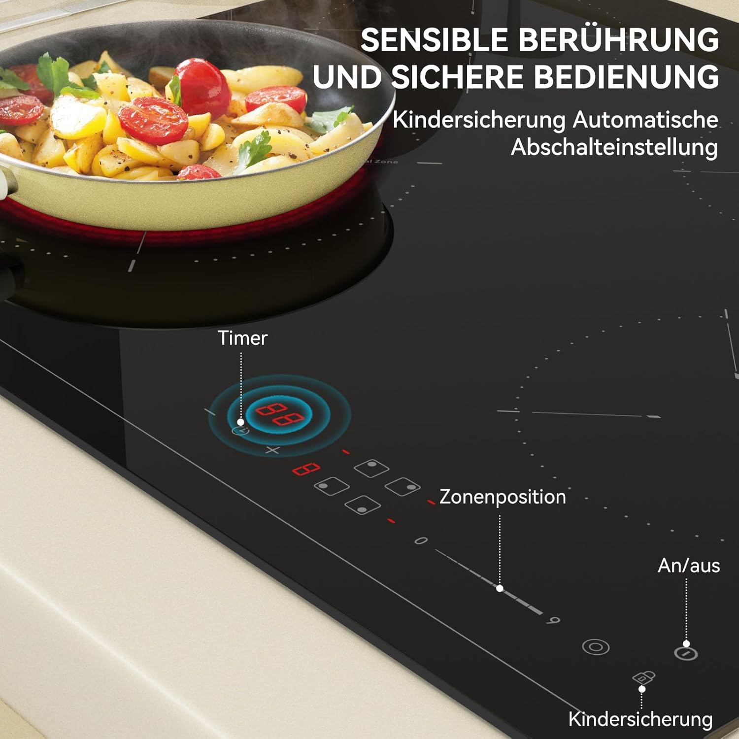 Hermitlux Domino Glaskeramikkochfeld,Eingebaut 29 cm schwarz Glaskeramik elektrisches Kochfeld,9 Leistungsstufen,Sensor-Touch-Steuerung, Kindersicherung, 1-99 Minuten-Timer,Geeignet für Alle Tpfe