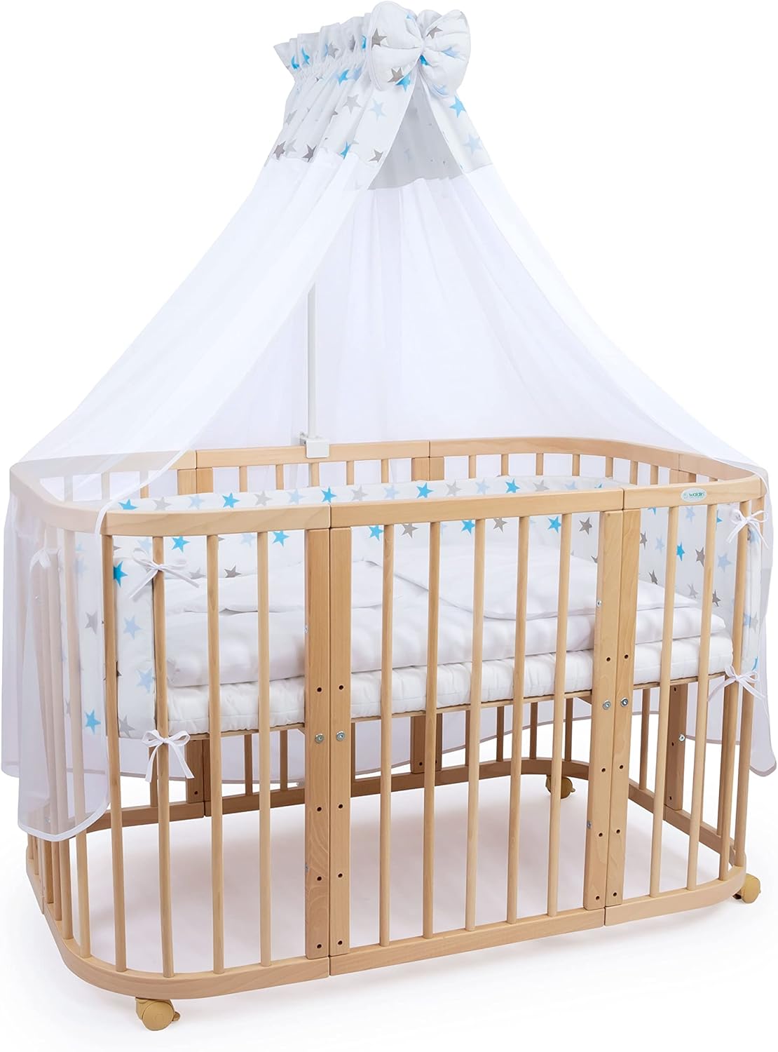 Waldin Lettino per bambini in legno 7in1 con materasso, Letto "Cresci con me", Ventilato, Base regolabile in 5 altezze, Set All-Inclusive, Legno Bianco