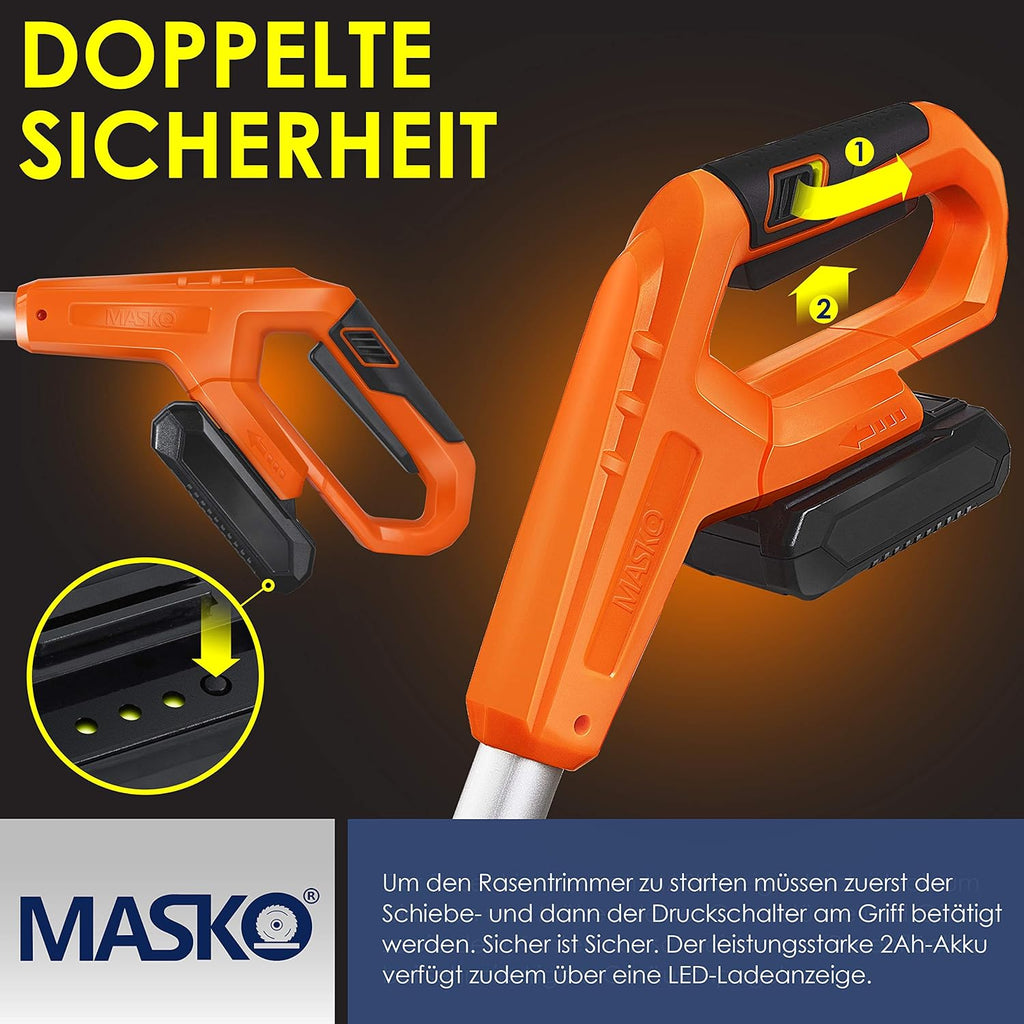 MASKO Decespugliatore a batteria con batteria al litio da 20 V, batteria da 2,0 Ah e caricabatterie, larghezza di taglio 26 cm, angolo di taglio 180°, manico telescopico e impugnatura aggiuntiva, incl. 20 lame in plastica, grigio