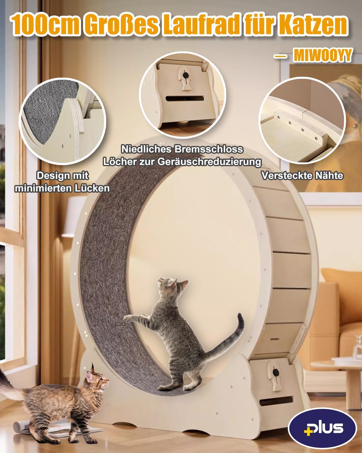 MIWOOYY Katzenlaufrad Großes Laufrad für Katzen 100cm – Schwarzes Katzenrad aus Massivholz für Drinnen Katzen, Sicherheits Katzen Laufrad mit Schloss und Minimiertem Spaltdesign