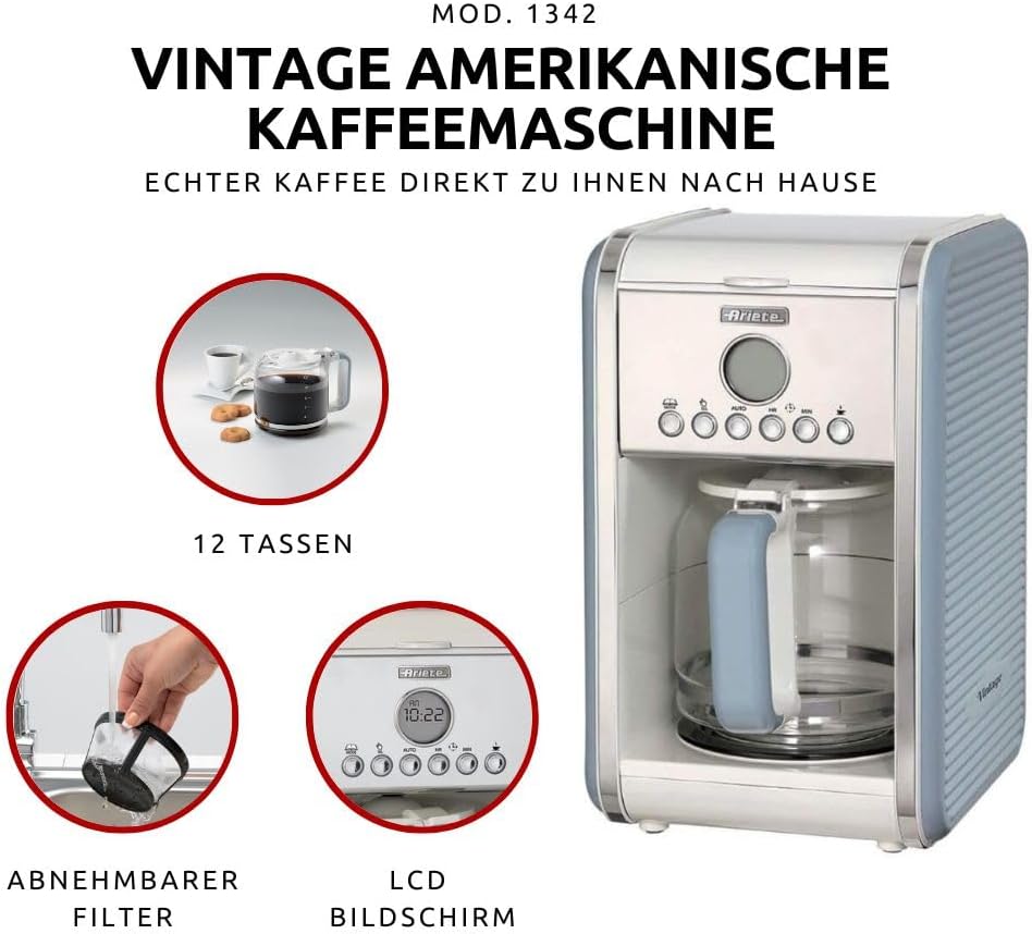 Ariete Vintage 1342 Macchina da Caffè Americano Retrò, Caraffa in Vetro Temperato, Fino a 12 Tazze, Timer 24 Ore, Spegnimento Automatico, Funzione Anti-Goccia, Piastra Riscaldante, Capacità 1.5 L, 2000 W, Verde
