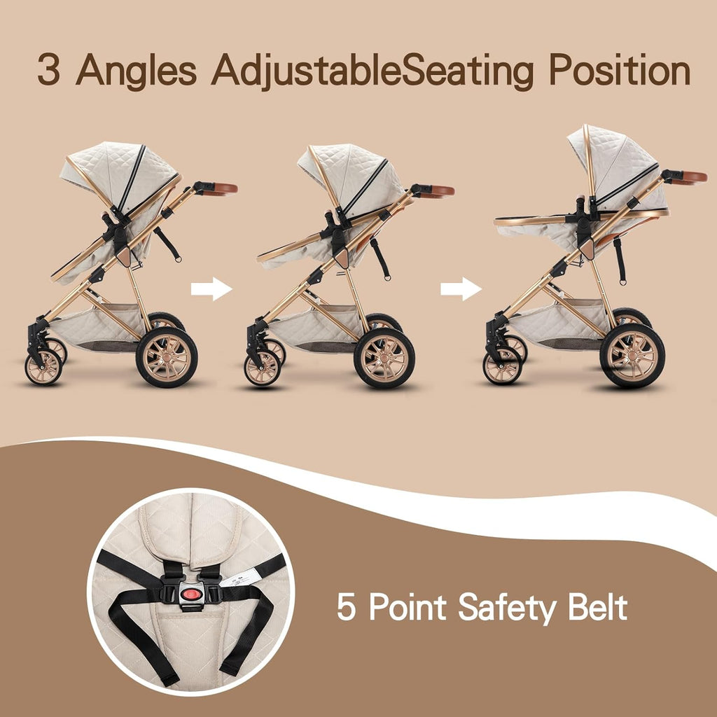 Gcarebb Passeggino 3 in 1, Buggy con Ovetto, Set Completo Passeggino Regolabile in Altezza, Passeggino Combinato con Telaio in Alluminio per Neonati 0-4 Anni