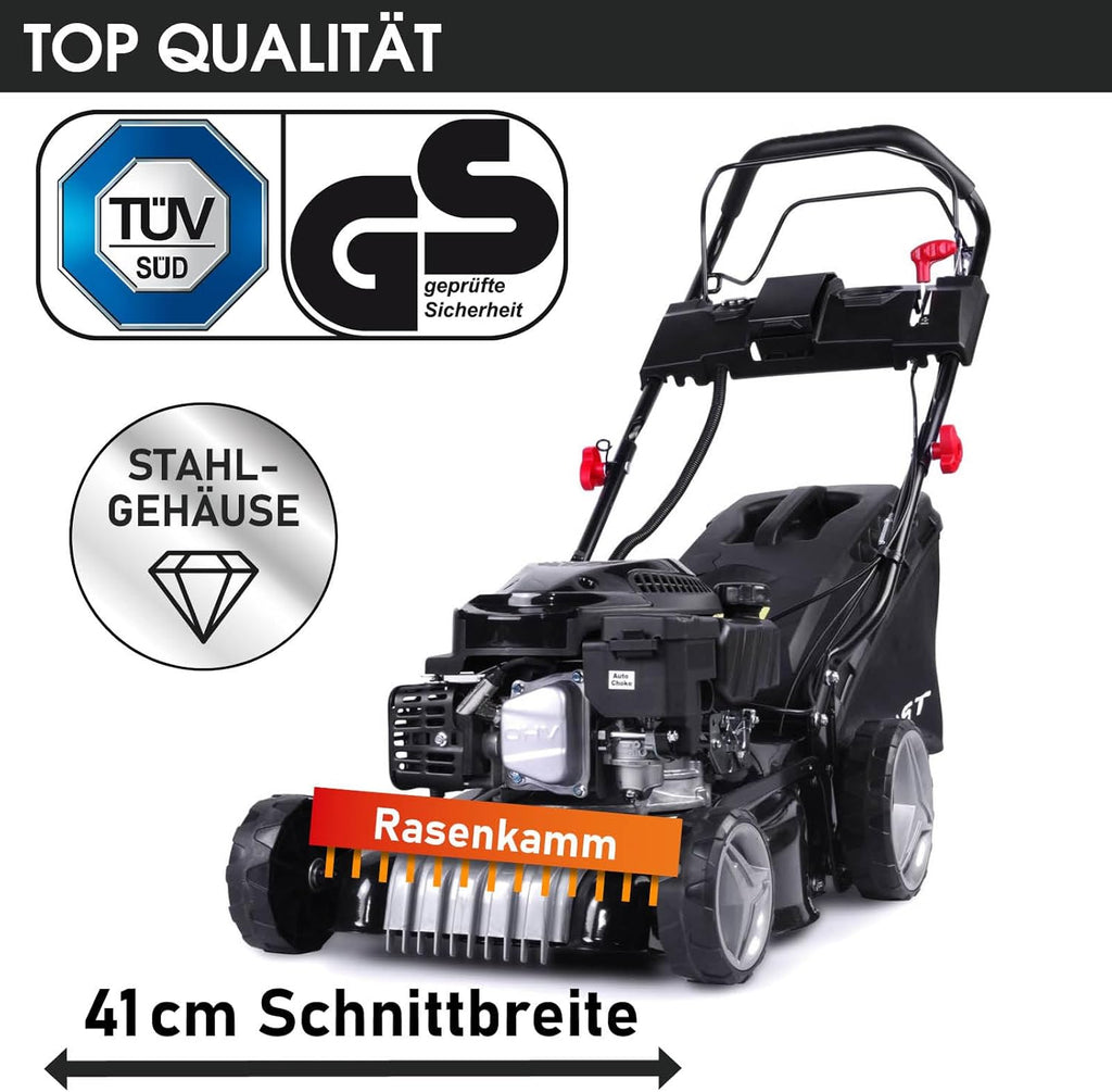 BRAST Tosaerba a Benzina con Trazione | 3,0kW (4,1PS) | Avviamento Elettrico | 41cm Larghezza di Taglio | Vari Modelli | TÜV | Motore 4 Tempi OHV | Altezza di Taglio 25-75mm | Cesto Raccolta 40L | Scocca in Acciaio | 16145 Estart