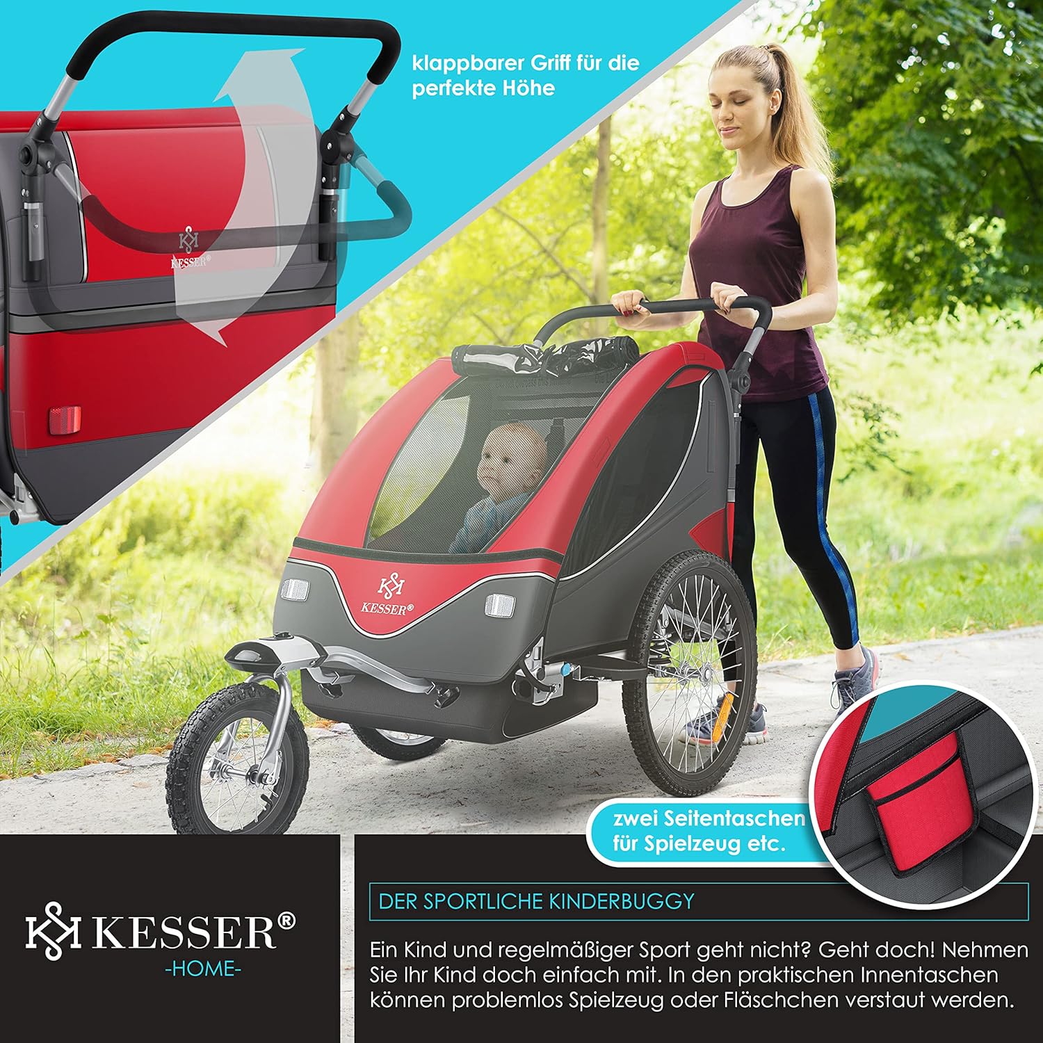 KESSER® Kinderanhänger Fahrradanhänger 360° Drehbar mit Federung 2in1 Joggerfunktion Kinderfahrradanhänger + 5-Punkt Gurt Jogger Fahrrad Anhänger für 1 bis 2 Kinder max. 40kg Inkl. Warnfahne Hellgrau