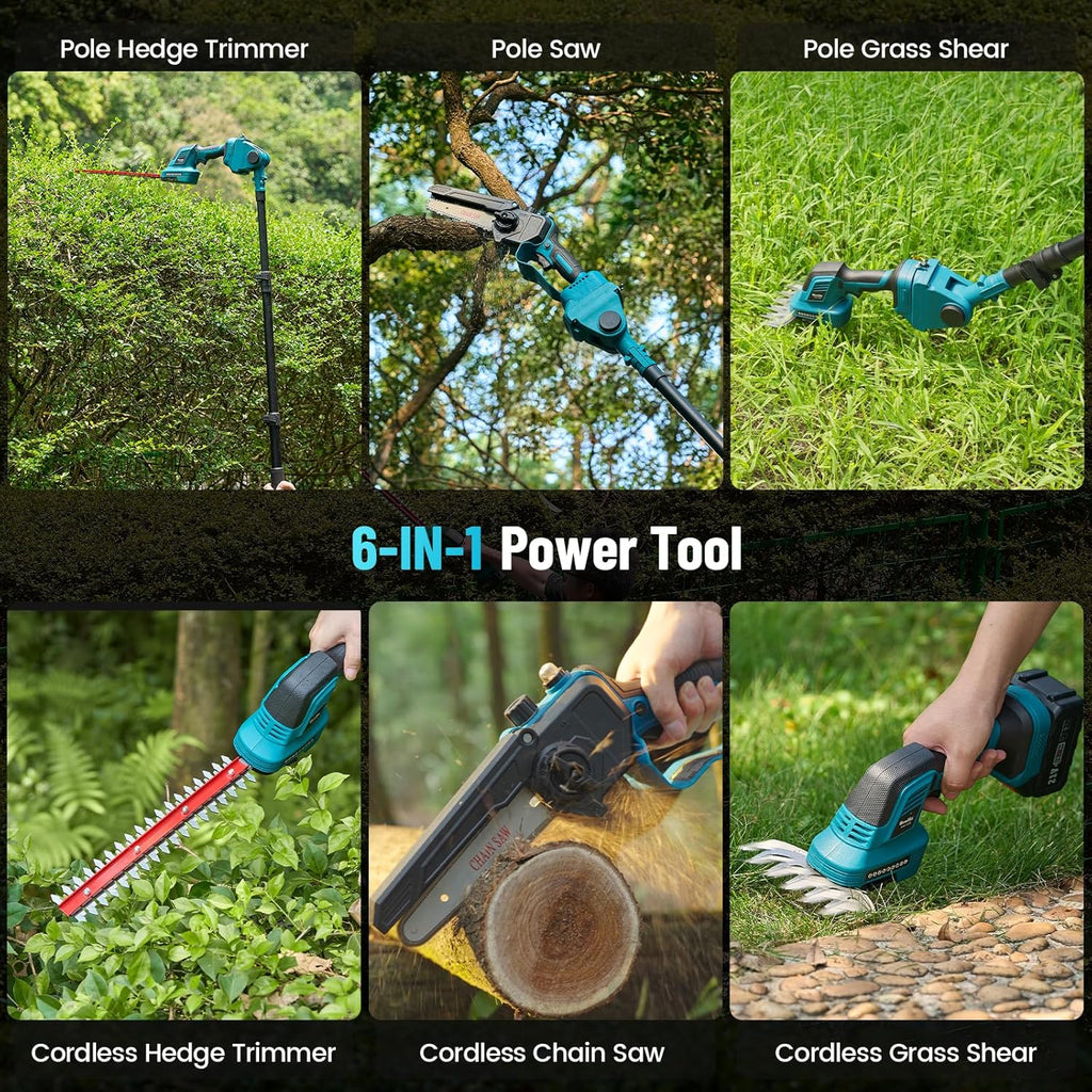 Seesii Set 6-in-1 Mini Motosega e Tagliasiepi a Batteria, con 2 Batterie da 4000mAh, Potatore ad Asta con Asta Telescopica, Portata Massima fino a 4,57m, Adatto per la Cura del Giardino e il Taglio del Legno