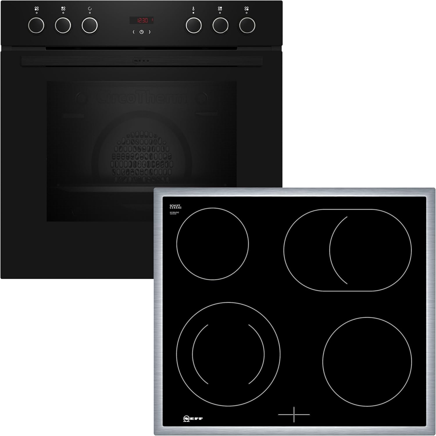 NEFF EDX442, Set composto da E1ECD0AN0, N 30, Forno da incasso con CircoTherm, 60 x 60 cm, Acciaio inossidabile e M13R42N2, N 50, Piano cottura elettrico controllato dal forno, 60 cm, Nero, con cornice a filo