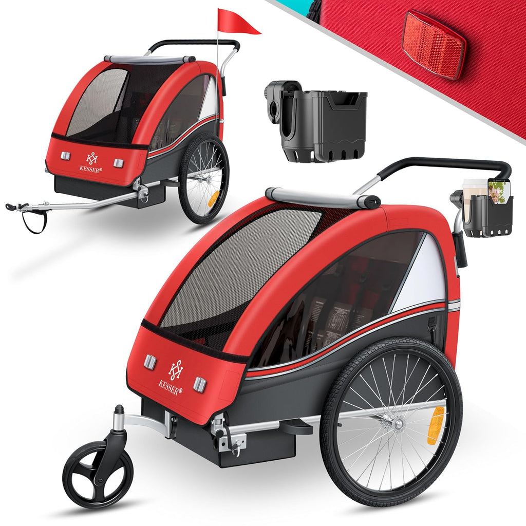KESSER® Kinderfahrradanhänger Sport-RX 2in1 Jogger & Buggy 5-Punkt-Gurt Sicherheitsgurt 360° Vorderrad Kinderfahrradanhänger Reflektoren für 1-2 Kinder (max. 40 kg) Getränkehalter & Smartphonefach