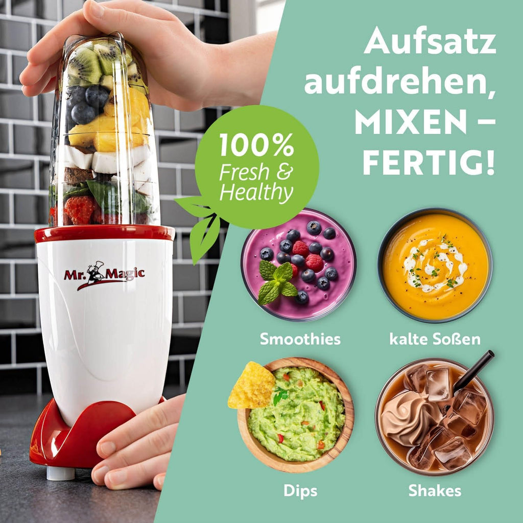 GOURMETmaxx Frullatore per Smoothie e Frullatore a Immersione Set da 18 pezzi - 400W | Frullatore Elettrico da 750ml, Mixer con 4 Bicchiere To-Go, 2 Lame, Spremiagrumi, Piedistallo e Coperchio | Lavabile in Lavastoviglie, a Prova di Perdite e Senza BPA