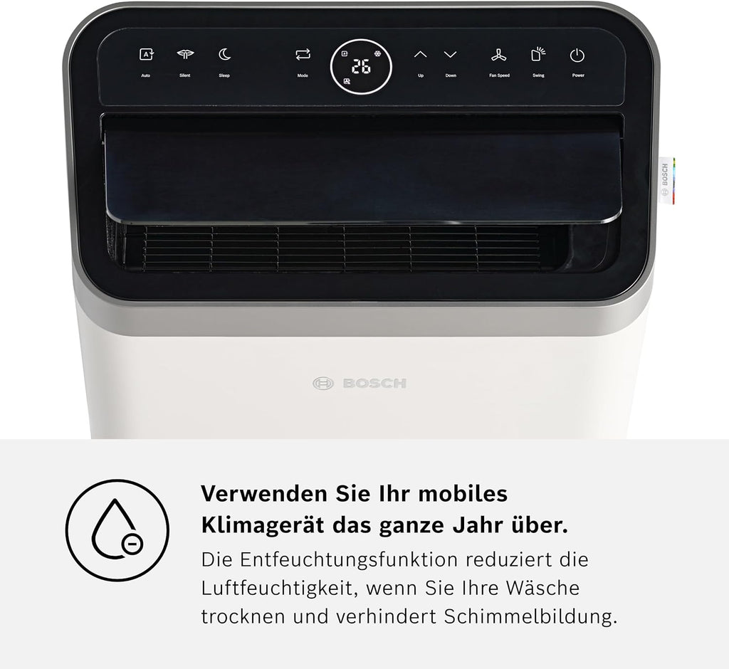 Bosch Cool 4000 Climatizzatore Mobile - 3-in-1: Climatizzatore, Deumidificatore, Ventilatore - 2,6 kW per ambienti fino a 35m² - Con modalità automatica, silenziosa e notturna