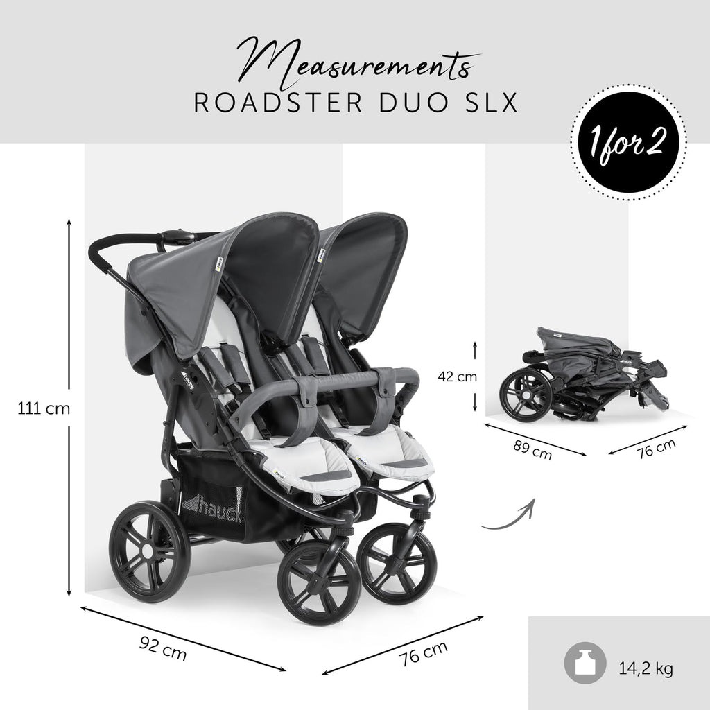 hauck Passeggino Gemellare Roadster Duo SLX, da 0 Mesi fino a 15 kg (circa 3 Anni), con Posizione Nanna, Cestino XL, Chiusura Facile e Compatta, Ruote Grandi (Grigio/Argento)