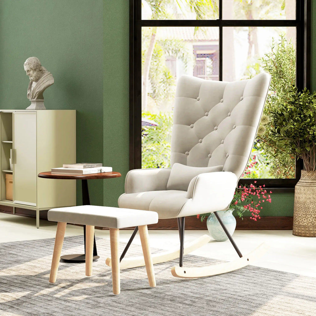 HOMCOM Relaxsessel mit Hocker Schaukelstuhl Set Samt Cremeweiß