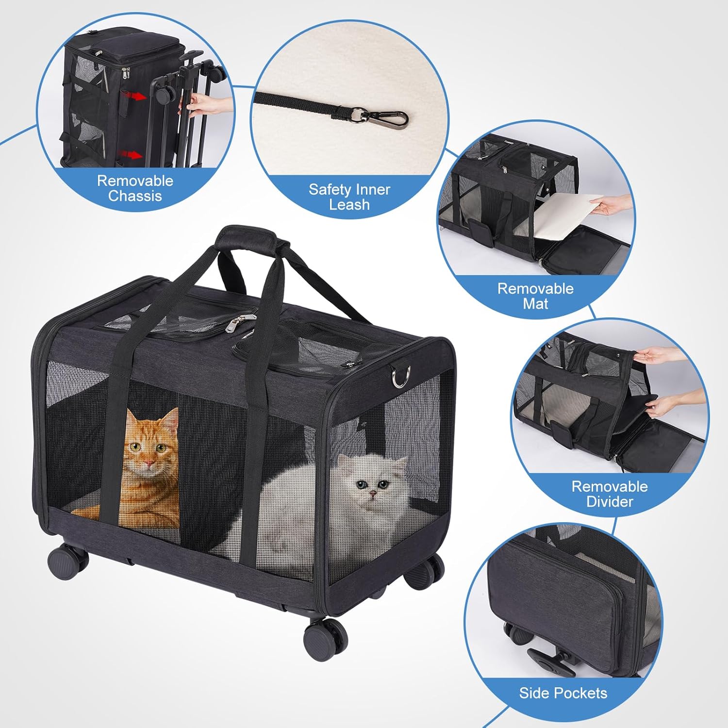 FASNATI Extra groe Doppel-Fach-Haustier-Tragetasche mit abnehmbaren Rdern für Katze/Hund, faltbare Rolltrage für 2 Katzen, Haustier-Katzen-Reisetrage für Spaziergnge/Camping, Grau