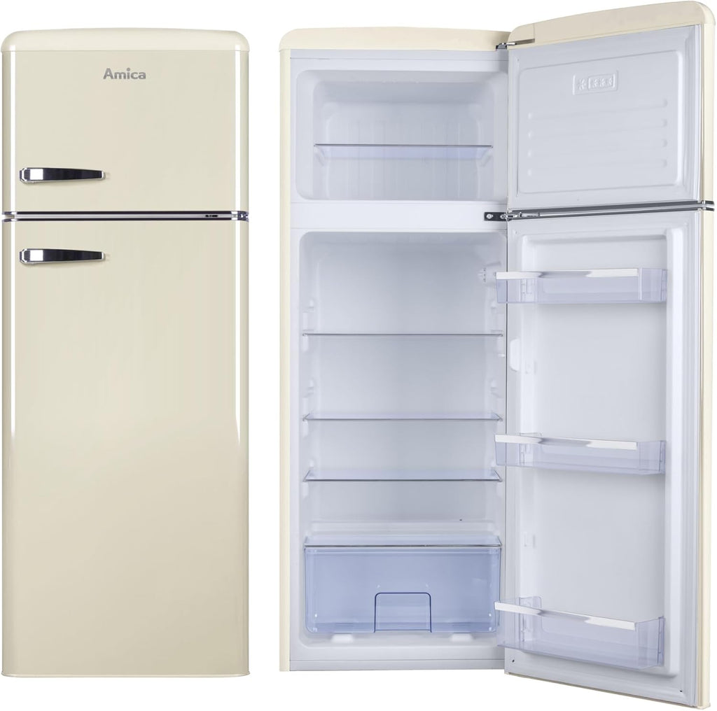 Amica KS 15615 B Retro Kühlschrank mit Gefrierfach / Coffee Cream (Beige) / 88cm (H) x 55cm (B) x 62cm (T) / Retro-Design