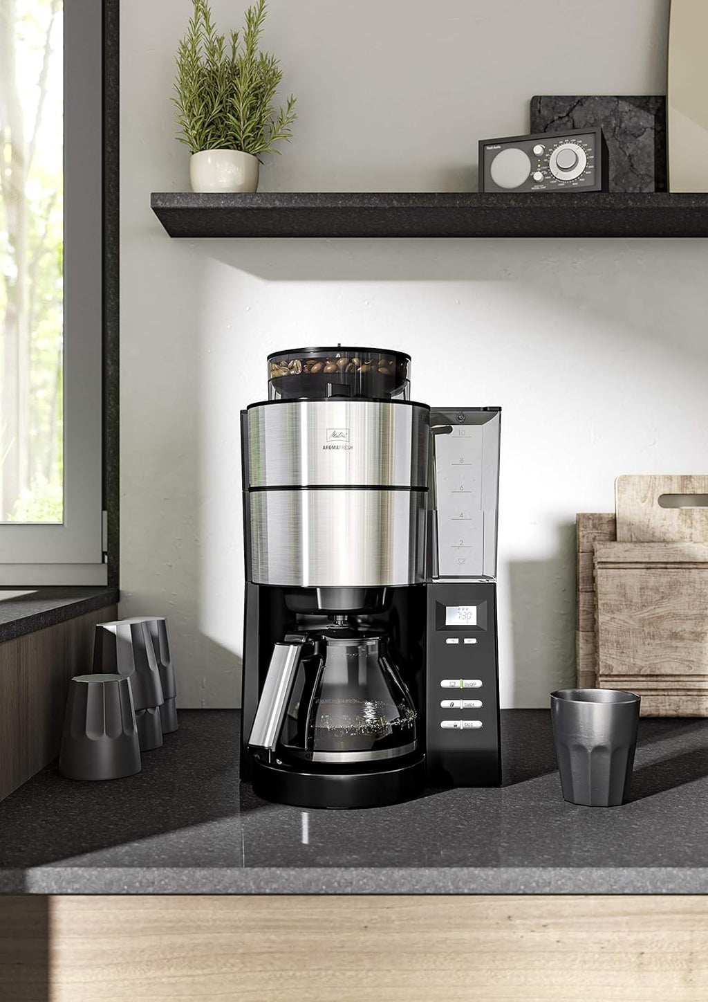 Melitta AromaFresh - Macchina da caffè con filtro - con caraffa in vetro - macinacaffè integrato - funzione timer - 10 tazze - Pure Black