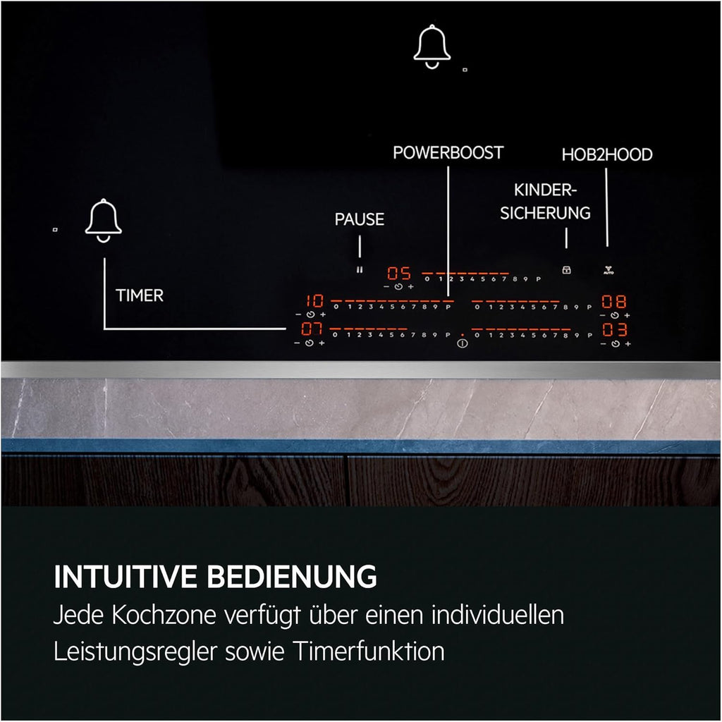 AEG piano cottura a induzione autonomo 80cm con cappa integrata / Prodotto in Germania / 4 zone cottura Flexi con funzione Bridge (combinazione di 2 zone) / Funzione automatica della cappa / Filtro a carbone attivo / COLI84COXB