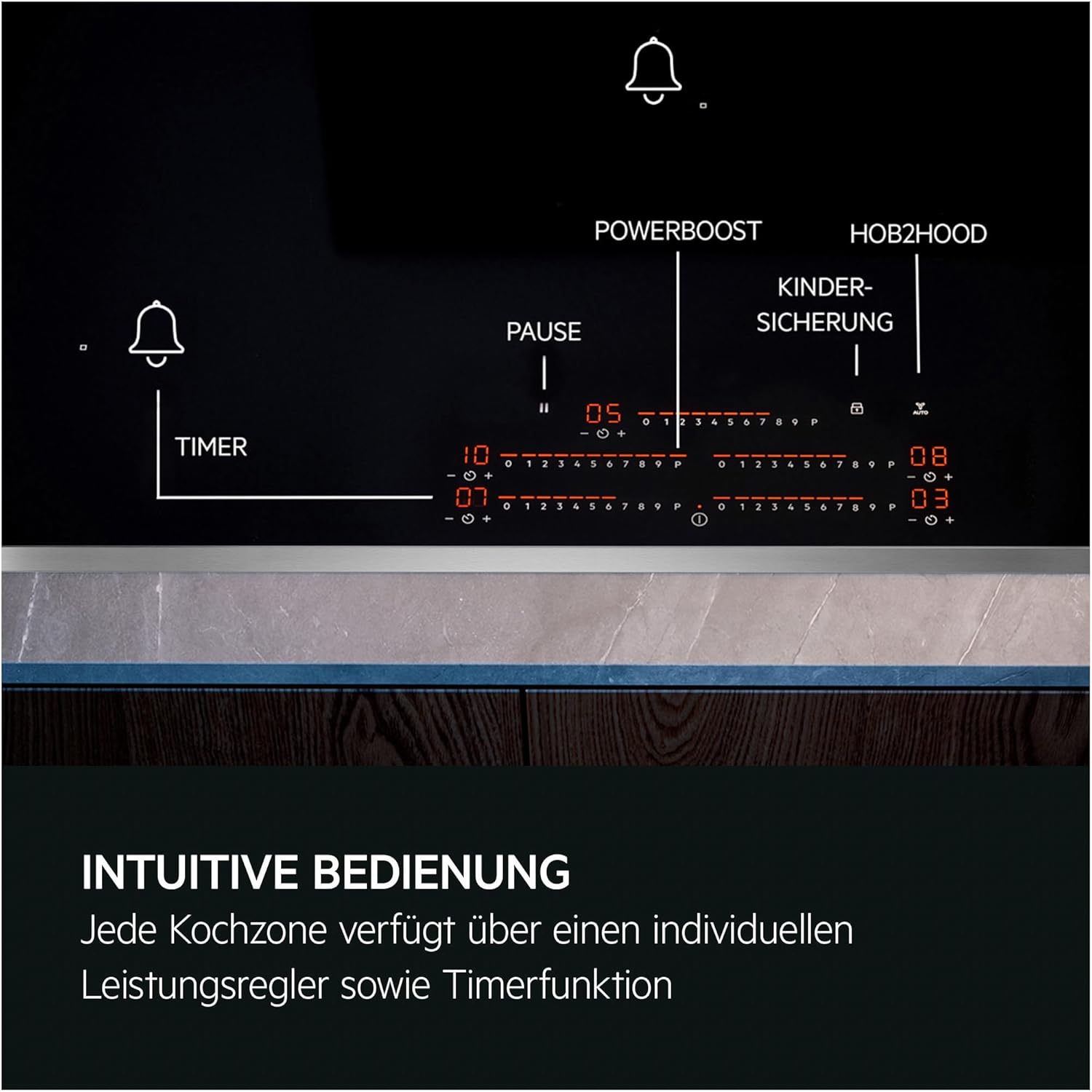 AEG piano cottura a induzione autonomo 80cm con cappa integrata / Prodotto in Germania / 4 zone cottura Flexi con funzione Bridge (combinazione di 2 zone) / Funzione automatica della cappa / Filtro a carbone attivo / COLI84COXB