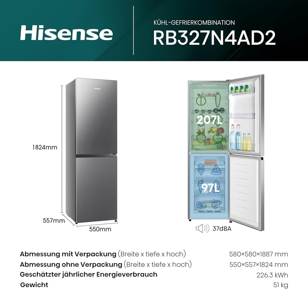 Hisense RB327N4ADD Frigorifero Combinato, Classe Energetica D, Total NoFrost, Porta Reversibile, Griglia Portabottiglie, Vano Frigo 171 Litri, Vano Congelatore 85 Litri, Look Acciaio Inox
