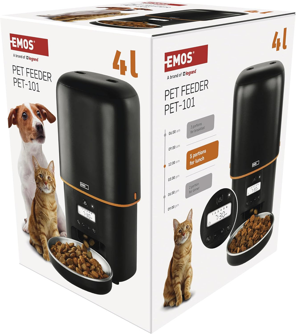 EMOS - GoSmart Futterautomat 6 l mit Kamera - WLAN Pet Care Futterspender mit App - Trockenfutter Automat für Katze & Hund mit Zeitplan, Sprachaufzeichnung, Dosierung 1–12 Mahlzeiten pro Tag - Schwarz