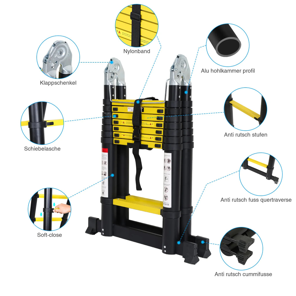 Sonnewelt Scala Telescopica Portatile in Alluminio Max. Carico 150 kg 3.8M (1.9+1.9M)