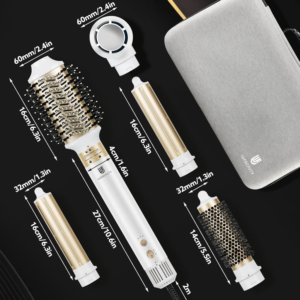webeauty Asciugacapelli 5 in 1, 110.000 giri/min, 20 m/s, Asciugacapelli brushless ad alta velocità con 200 milioni di ioni negativi con spazzola ad aria calda e arricciacapelli ad aria, Bianco