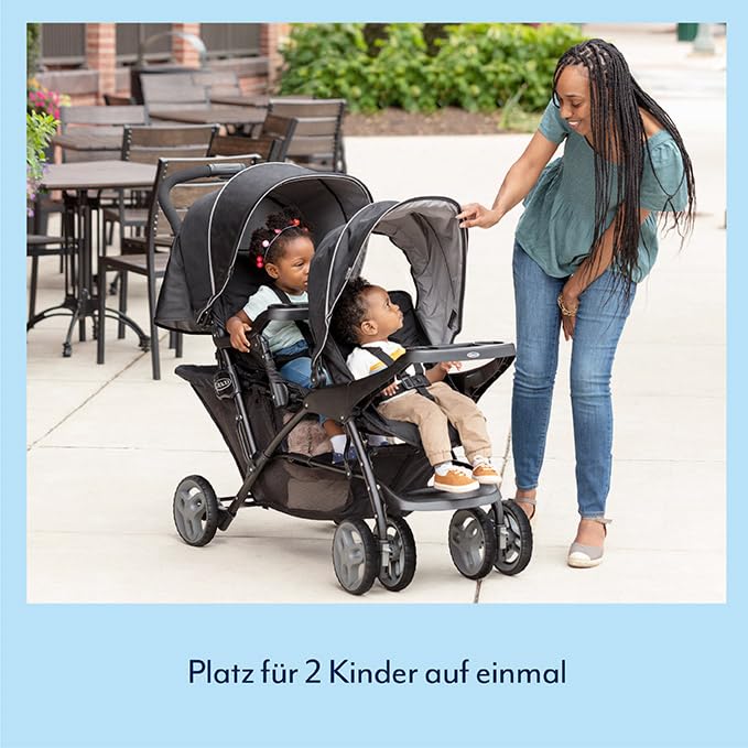 Graco Stadium Duo Passeggino Gemellare, 0-15 kg, utilizzabile anche con seggiolino auto, schienali reclinabili, pieghevole, sta in piedi da solo, ampio cestello portaoggetti, include vassoi portaoggetti, Titanium