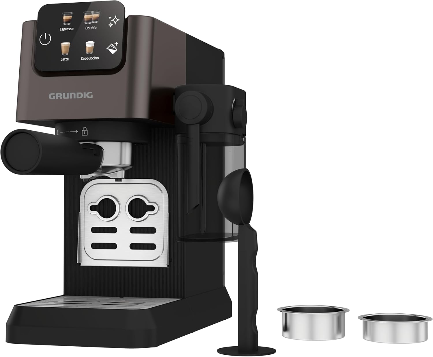 GRUNDIG KSM 5330 Macchina da caffè con portafiltro e contenitore per il latte integrato, 1628 W di potenza, 15 bar di pressione della pompa, ugello doppio, display touch a colori, BrewSense, CreamyPro, Inox scuro/Nero