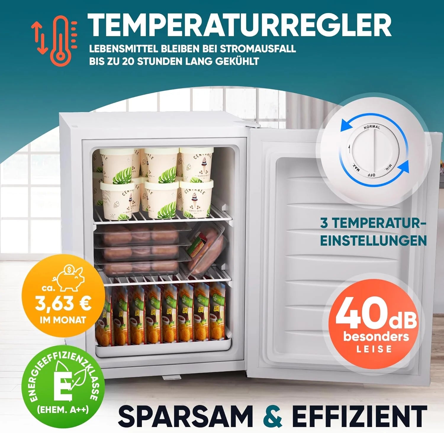 Stillstern Mini Congelatore (42L) -18°C, Vaschetta per Ghiaccio, Serratura, Porta Reversibile, Congelatore 4 Stelle per Campeggio/Ufficio Congelatore Piccolo Congelatore Compatto Congelatore Orizzontale