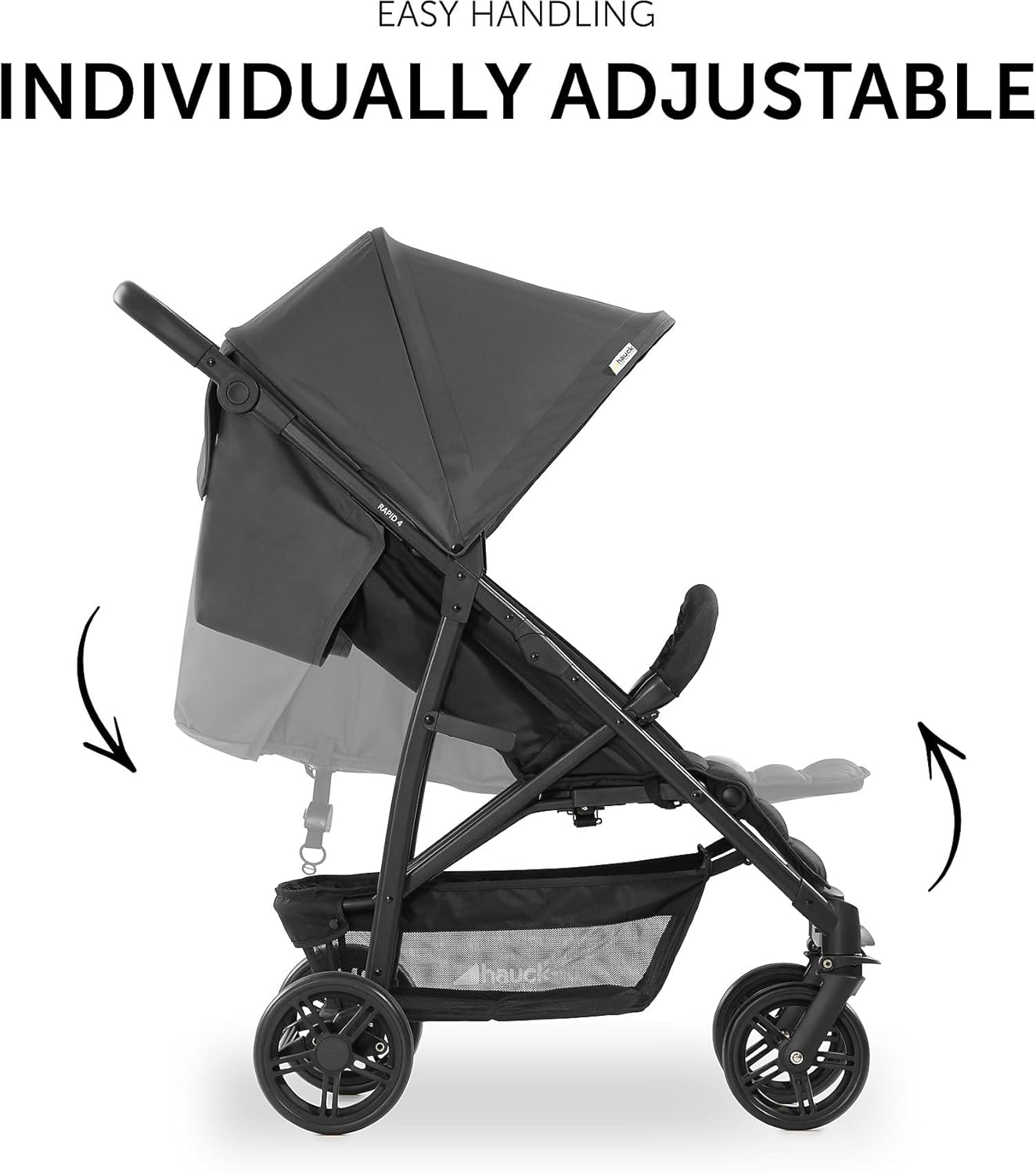 Hauck Buggy Rapid 4 per bambini dalla nascita fino a circa 3 anni, passeggino leggero pieghevole, con funzione reclinabile, regolabile in altezza, ampio cestino (nero)