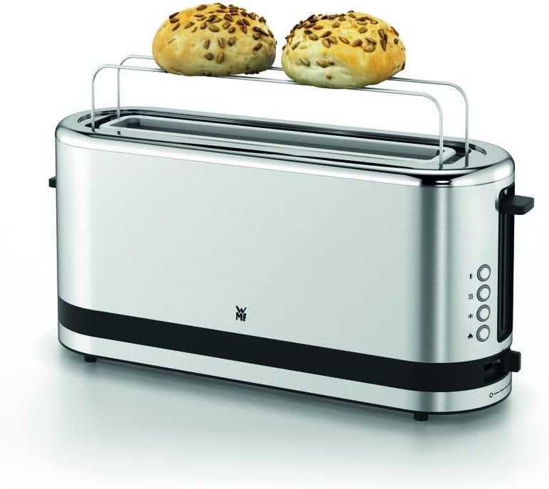 WMF Küchenminis Tostapane a fessura lunga con accessorio scaldabriosche, 2 fette, XXL, funzione bagel, 7 livelli di doratura, 900W, Tostapane acciaio inox opaco