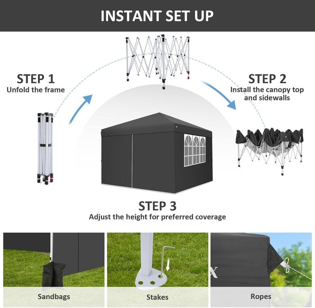 COBIZI Gazebo Pieghevole 3x6 Impermeabile Stabile con 6 Pareti Laterali, Tenda a Padiglione con Tetto a Punta, 3 Altezze Regolabili, Protezione UV, Borsa per Il Trasporto, Picchetti, Corde per Giardino, Matrimoni, Mercati, Eventi all'Aperto