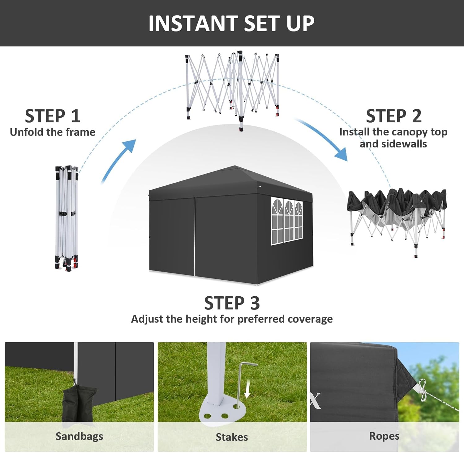 COBIZI Gazebo Pieghevole 3x6 Impermeabile Stabile con 6 Pareti Laterali, Tenda a Padiglione con Tetto a Punta, 3 Altezze Regolabili, Protezione UV, Borsa per Il Trasporto, Picchetti, Corde per Giardino, Matrimoni, Mercati, Eventi all'Aperto