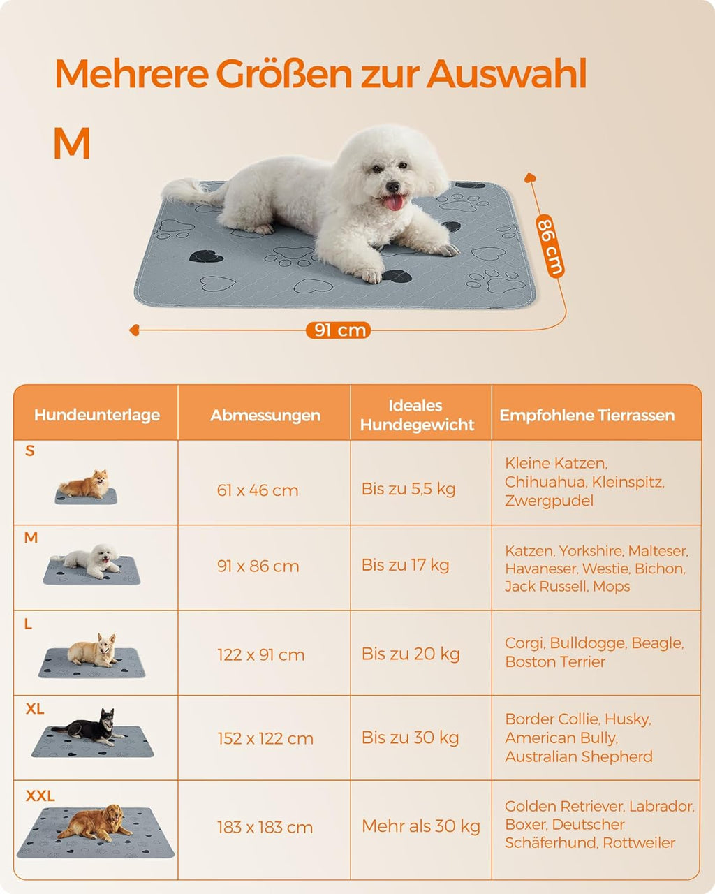 Feandrea Welpen-Unterlagen waschbar, Wiederverwendbare Matten für Hunde, 152 x 122 cm, 2er Set, XL, Hundetoilette, auslaufsicher, rutschfest, super saugfhig, Katzen, Kaninchen, grau PTD048G01