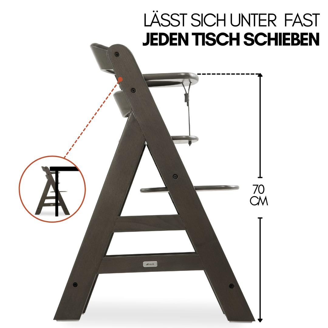 hauck Alpha Plus Newborn Set mit Premium Bouncer Dark Grey - Baby Holz Hochstuhl ab Geburt mit Liegefunktion - extra flacher Aufsatz für Neugeborene & Baumwoll Sitzpolster - Grau