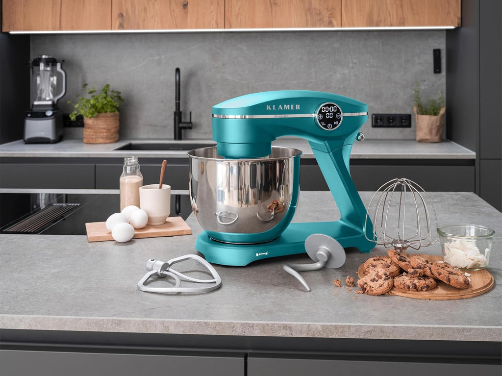 Impastatrice Planetaria KLAMER 1800W, con Ciotola in Acciaio Inossidabile da 6 Litri, 10 Velocità con Timer, Frusta a Filo, Gancio Impastatore, Frusta Piatta e Paraspruzzi