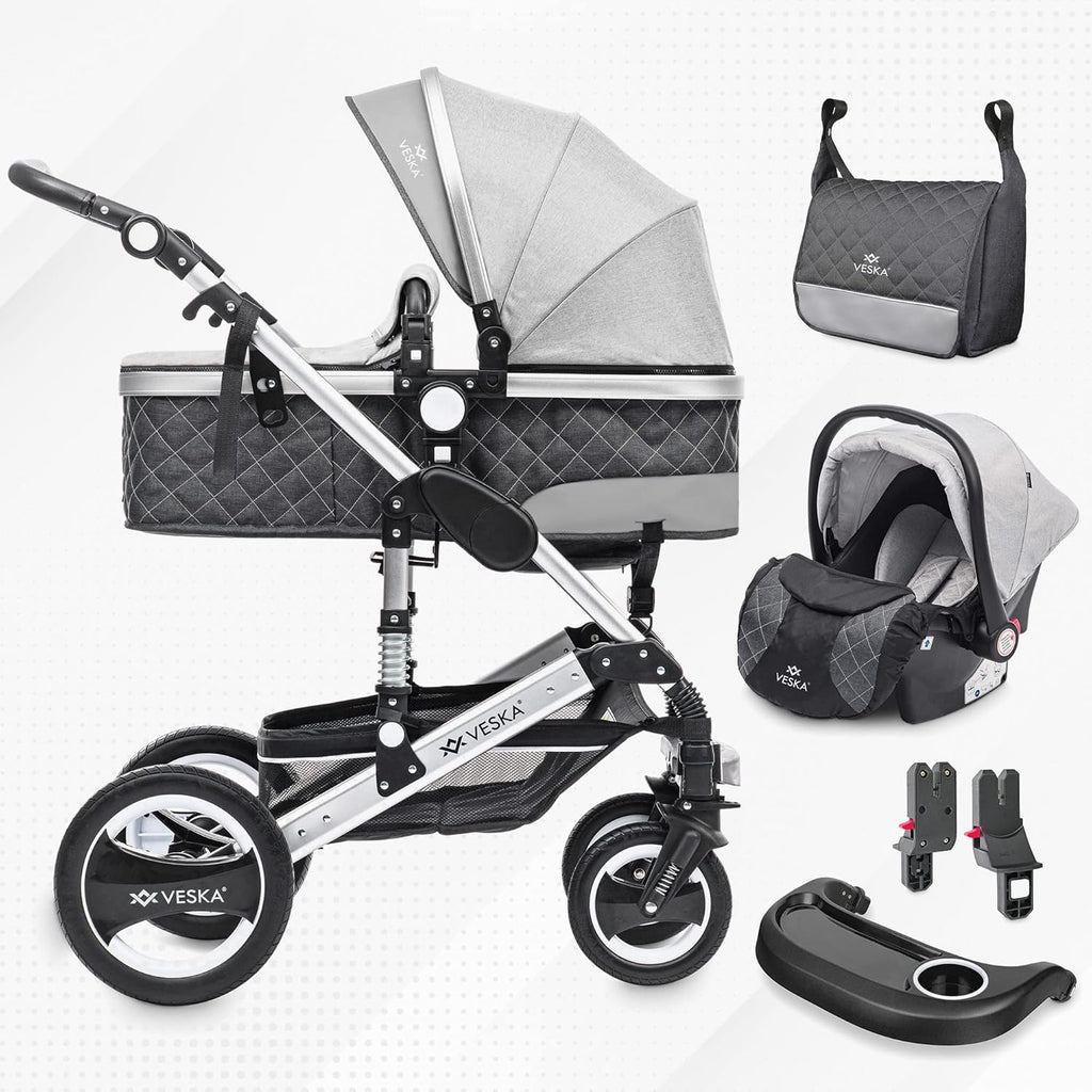 3 in 1 Kombi-Kinderwagen inkl. Babyschale, Buggy, Jogger mit Wickeltasche, Moskitonetz, Regencover, Spieltisch, Autoschale Fußsack, QuickFold, Aluminiumrahmen (Silber - anthrazit/grau)