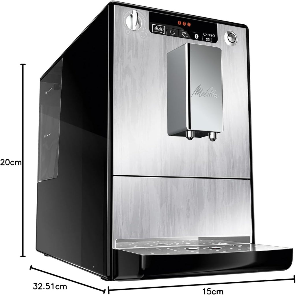 Melitta Solo - Macchina da caffè automatica con beccuccio regolabile in altezza, macchina da caffè piccola con serbatoio dell'acqua rimovibile, per es. espresso o caffè crema, argento