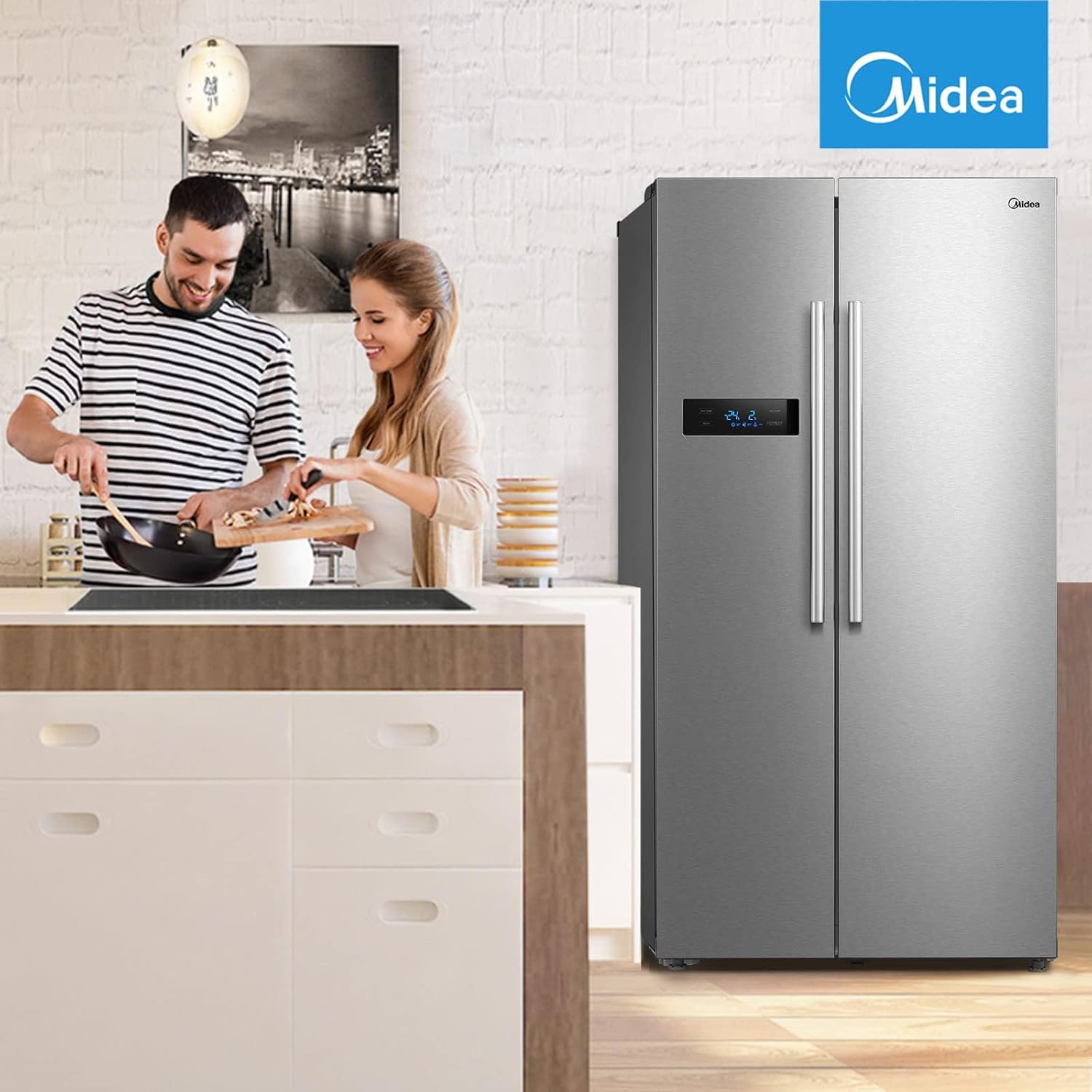 Midea KS-DDX 6.32 WT Frigorifero Side-by-Side con Congelatore/Altezza 178,8 cm/254 kWh/anno/No Frost/Compressore Dual Inverter/con Distributore di Acqua e Ghiaccio 3-in-1 e Serbatoio d'Acqua, Inox Scuro