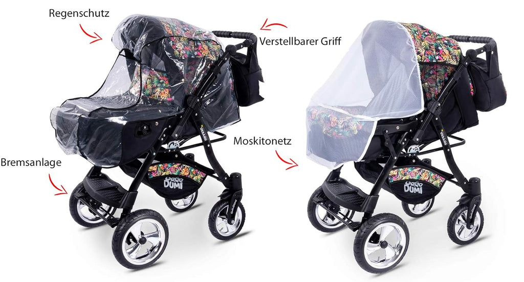 GaGaDumi Urbano Passeggino Combi 3 in 1 con Seggiolino Auto, Set Completo con Navicella, Passeggino, Borsa Fasciatoio, Parapioggia, Zanzariera, Pneumatici in Gomma Piena, Grigio/Motivo Gufo