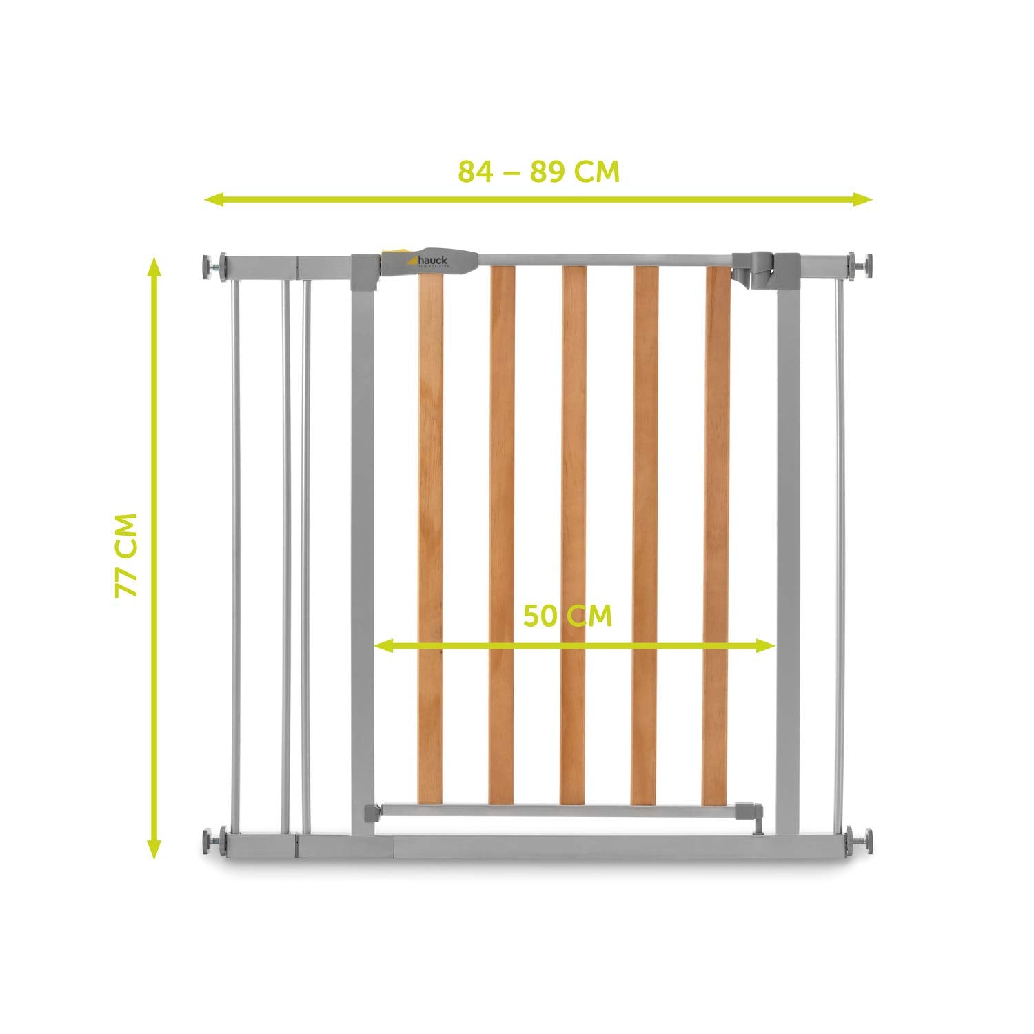 hauck Treppenschutzgitter / Türschutzgitter mit Holzoptik Woodlock 2 mit 9 cm Verlngerung für Breiten 84 - 89 cm, ohne Bohren, 0-24 Monate, Einhndiges ffnen, Beidseitig Schwenkbar, Metall (Silver)