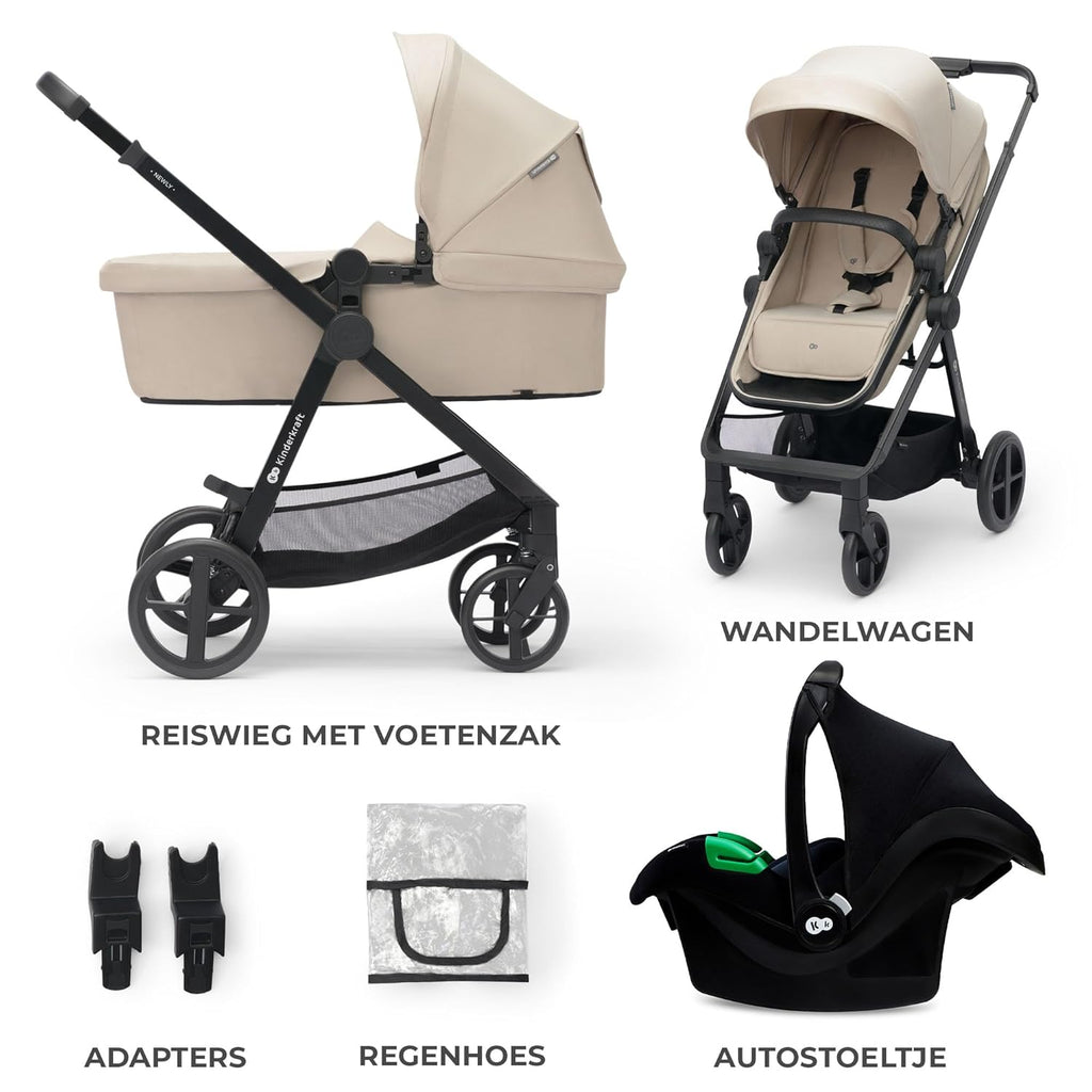 Kinderkraft NEWLY Kinderwagen 3 in 1, Komplettset bis 22 kg, Kindersitz I-Size 40-75 cm im set, Kombikinderwagen mit Fußsack, wasserfestes Verdeck mit UPF50+, Zusammenklappen, Liegeposition, Beige