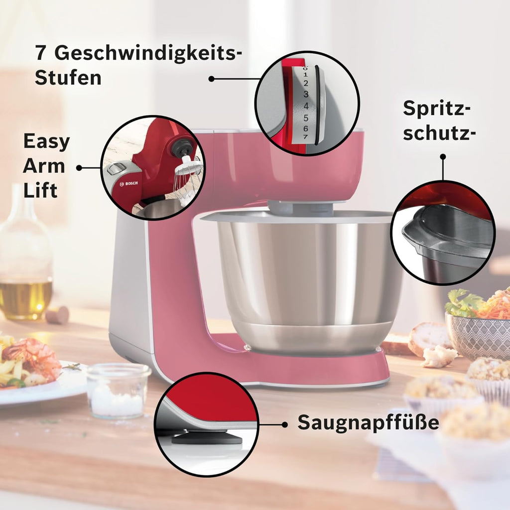 Bosch Robot da cucina Serie 4 MUM58720, ciotola in acciaio inox 3,9 L, frullatore 1,25 L, movimento planetario, gancio impastatore, frusta, frusta, tritacarne continuo, 3 dischi, 1000 W, rosso scuro/argento