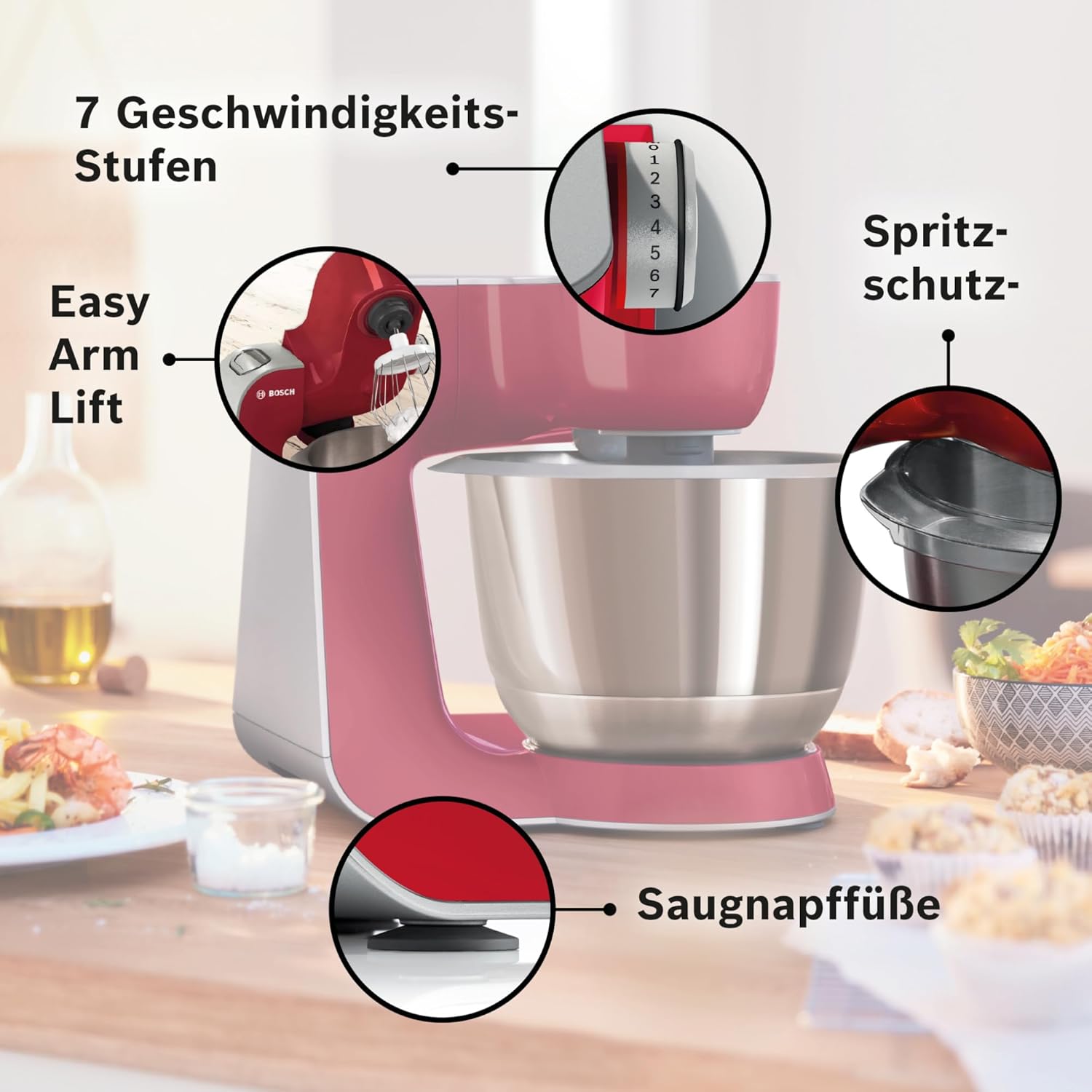 Bosch Robot da cucina Serie 4 MUM58720, ciotola in acciaio inox 3,9 L, frullatore 1,25 L, movimento planetario, gancio impastatore, frusta, frusta, tritacarne continuo, 3 dischi, 1000 W, rosso scuro/argento