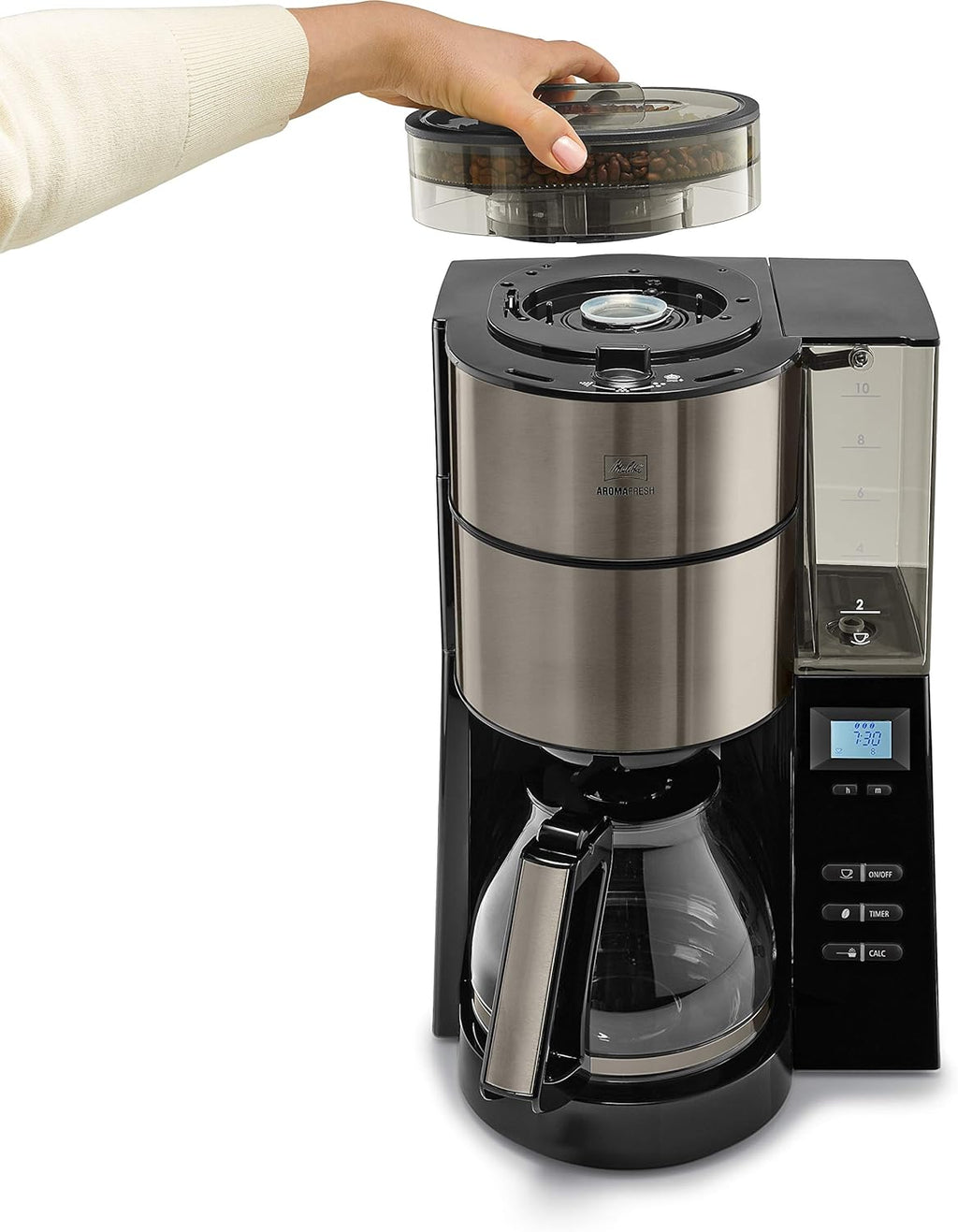 Melitta AromaFresh - Macchina da caffè con filtro - con caraffa in vetro - macinacaffè integrato - funzione timer - 10 tazze - Pure Black
