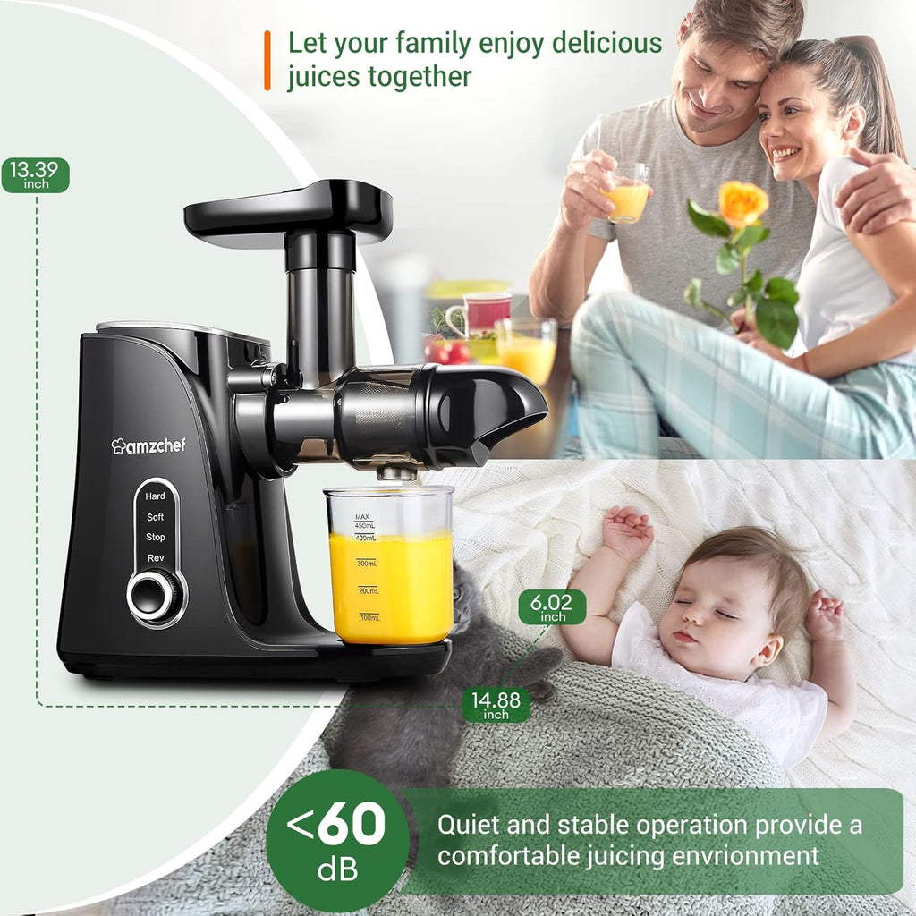 AMZCHEF Estrattore di Succo per Frutta e Verdura con 2 Modalità di Velocità - Slow Juicer con Bottiglia Portatile e 2 Tazze - Cold Press Juicer Senza BPA con LED Intelligente e Funzione di Inversione - Nero