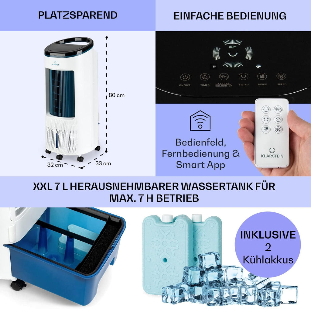 Klarstein Raffreddatore d'aria con Raffreddamento ad acqua, Raffrescatore Evaporativo Silenzioso 4-in-1, Umidificatore, Ventilatore e Modalità Notte, Raffrescatore Evaporativo Portatile 7L, 65W Air Cooler, Flusso d'aria di 330m³/h