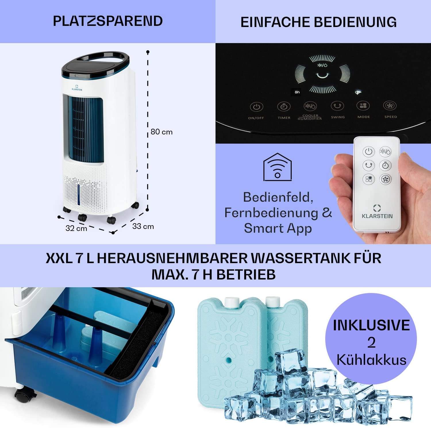 Klarstein Raffreddatore d'aria con Raffreddamento ad acqua, Raffrescatore Evaporativo Silenzioso 4-in-1, Umidificatore, Ventilatore e Modalità Notte, Raffrescatore Evaporativo Portatile 7L, 65W Air Cooler, Flusso d'aria di 330m³/h