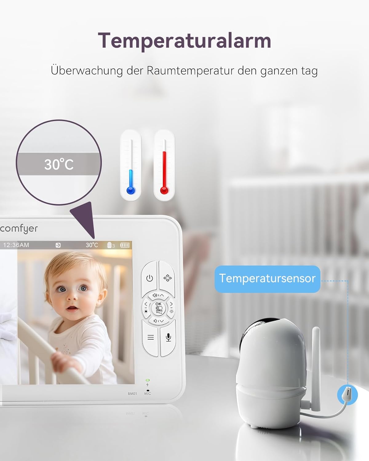 Comfyer Baby Monitor Video Split-Screen con 2 Telecamere, 7" HD 720P Telecamera Nido Wireless con Staffa, Visione Notturna IR, Obiettivo Grandangolare, Modalità Vox, Audio a 2 Vie, Portata di 300 Metri