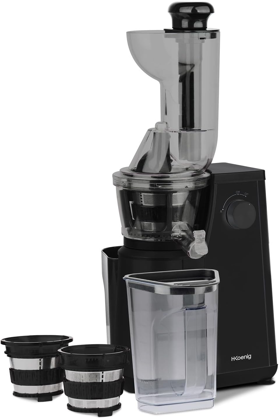H.Koenig GSX22 Estrattore di succo / 1 L / 3 diversi filtri per sorbetto, succo denso, succo sottile / Contenitore per la polpa / Lavabile in lavastoviglie / Acciaio inossidabile /, Nero